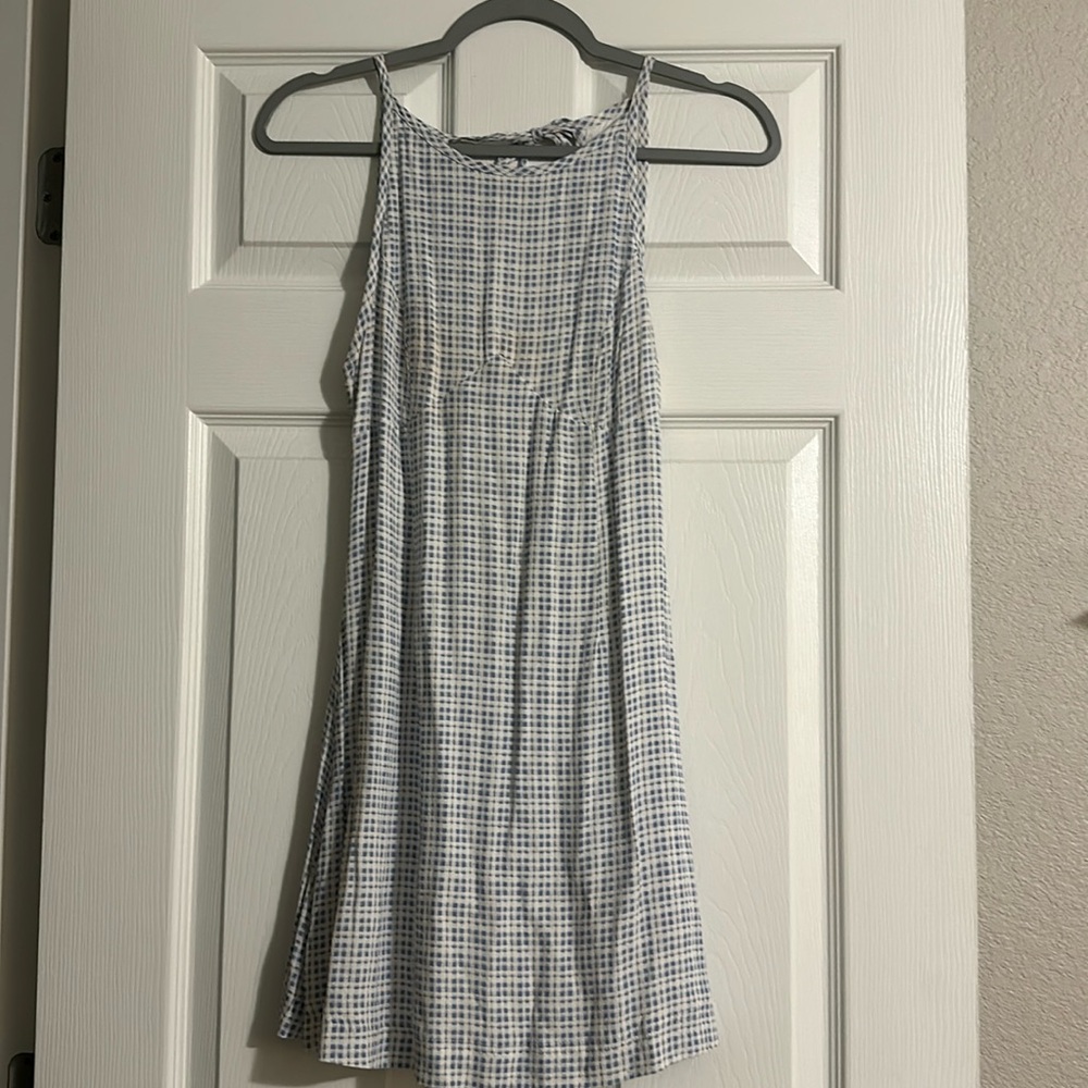 Urban Outfitters White and Blue Checkered Open Back Mini Dress; Size 2.